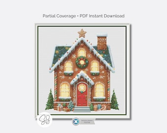 Gingerbread House Cross Stitch Pattern, Christmas Holiday Festive Candy Embroidery, Instant Download, Floss Conversions