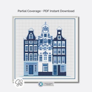 Patrón de punto de cruz de la Casa del Canal de Delft, Ámsterdam, Cerámica Vintage Azul y Blanca, Floss Conversions