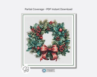 Christmas Wreath Cross Stitch Pattern, Holiday Holly Xmas Wreath Printable Instant Download, Floss Conversions