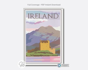 Schema punto croce per poster di viaggio in Irlanda, paesaggio di castello celtico in PDF, conversioni di filo interdentale