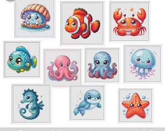 Baby Sea Animals Cross Stitch PDF Patterns, Set of 10 Modern DIY Nursery Decor Cross Stitch Patterns, Pattern Keeper & iBook files included