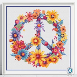 Patrón de punto de cruz con símbolo de la paz retro, estilo bohemio hippie, con flores bordadas, decoración colorida hecha a mano, regalo de amor hippie