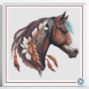 Indianisches Pferd Kreuzstichmuster, Stammespferd, Stickerei, südwestliches Reiterdekor, Boho Stitch Design, handgemachte Stammeskunst
