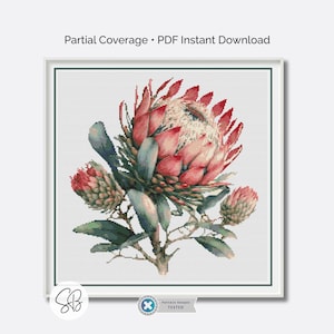 Patrón de punto de cruz de flor de protea, bordado floral botánico de protea rey, descarga instantánea, conversión de hilo