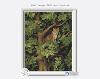 William Morris Cat Cross Stitch Pattern, Arts & Crafts Embroidery, Instant Download, PatternKeeper, Floss Conversions