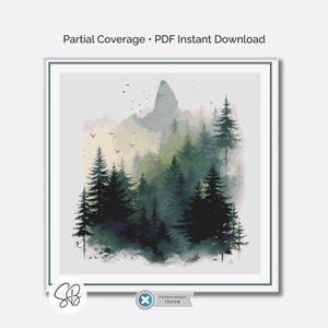 Forest & Mountains Landscape Cross Stitch Pattern, Nature Art, Woodland Decor, Digital Download, Floss Conversions