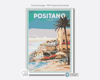 Poster Positano Italia con schema a punto croce, decorazioni retrò vintage, ricamo di luoghi, conversioni di filo interdentale