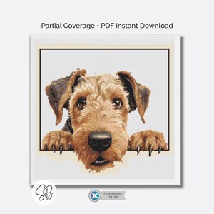 エアデール・テリアのクロスステッチ図案、覗き見犬、デジタルPDF、初心者向け子犬刺繍、糸の変換