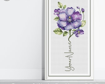 Februar Geburtsmonat Blumen Kreuzstich PDF Muster, CUSTOM Violet Geburtsmonat Blumen Kunst, neues Baby Geschenk, digitaler Download