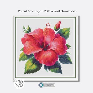 Wzór haftu krzyżykowego „Tropikalny hibiskus”, natychmiastowe pobranie pliku PDF z dekoracjami kwiatowymi, narzędzie Pattern Keeper, konwersje nici