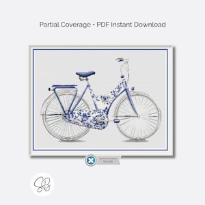 Op de afbeelding: Kruissteekpatroon van een blauw-witte fiets. De fiets heeft een blauw frame en details, met een bloemmotief op de body. De wielen en andere onderdelen zijn wit. De afbeelding is omlijst met een blauwe rand en bevat de tekst "Partial Coverage • PDF Instant Download".