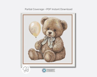 Teddy Bear Cross Stitch Pattern, Vintage Nursery Embroidery, Digital Download, PatternKeeper, Floss Conversions