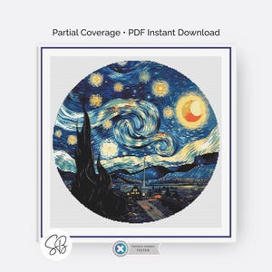 Starry Night Cross Stitch Pattern, Van Gogh Digital Instant Download, Pattern Keeper, Floss Conversions