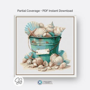 Beach Bucket Cross Stitch Pattern, Tropical Beach Seashell Embroidery, Coastal Decor, Floss Conversion Chart