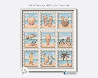 Set di 9 mini disegni a punto croce a tema spiaggia, stile francobollo, collezione estiva a tema mare, schema di ricamo in PDF da scaricare.