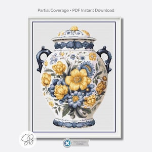 Schema punto croce per vaso in maiolica, ricamo in ceramica vintage, download immediato, conversione filo interdentale