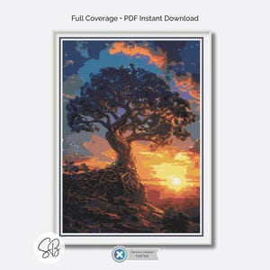 Tenacity Sunrise Symbolic Cross Stitch Pattern, Lone Tree Cliff Embroidery, Inspirational Needlework, Full Coverage