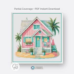 Beach Cottage Cross Stitch Pattern, Watercolor Coastal House, Partial Coverage PDF, Floss Conversions