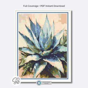 May include: A framed print of an agave plant. The artwork features a close-up view of the plant's spiky, blue-green leaves, with brushstrokes of white and green. The background is a soft pink and beige. The text "Full Coverage • PDF Instant Download" is at the top.
