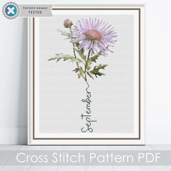 September Birth Month Flower Counted Cross Stitch Pattern, Aster Cross Stitch Pattern, Instant Download, Modern Floral Cross Stitch Gift