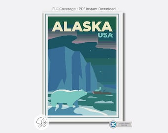 Schema per punto croce con poster di viaggio dell'Alaska, decorazioni retrò vintage, per principianti, download immediato, conversioni di filo interdentale