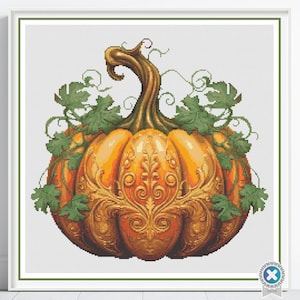 Pumpkin Cross Stitch Pattern fall Botanical Baroque Embroidery Pattern, Ornate Autumn Decor Art, Vintage Thanksgiving Halloween Cross Stitch