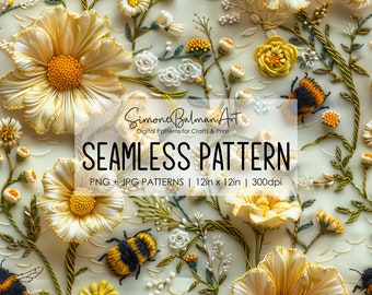 Bees and Flowers Seamless Pattern | Printable Seamless Digital Paper Pack 12x12in | Commercial Use | Sublimation | Card Making | Crafting