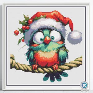 Cute Christmas Bird Cross Stitch Pattern | Cartoon Bird with Santa Hat & Holly | Partial Coverage Holiday PDF