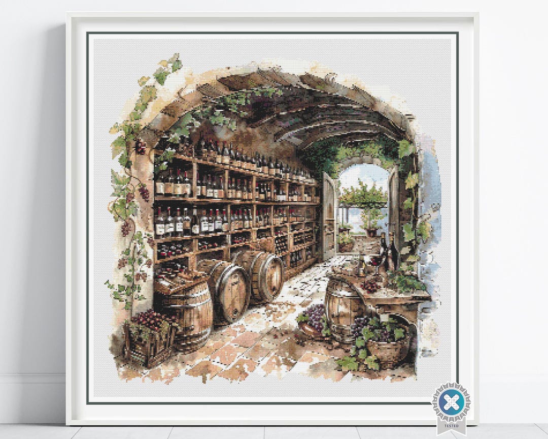 French Wine Cellar Cross Stitch Pattern, Rustic Wine Decor Pattern ...