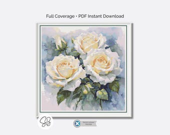 Patrón de punto de cruz de rosas blancas, bordado floral de cobertura completa, descarga instantánea, PatternKeeper, conversión de hilo