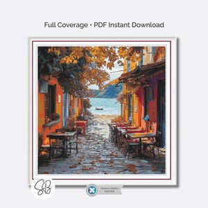 Schema punto croce Seaside Cafe, download digitale European Street, PatternKeeper, copertura completa, conversioni di filo interdentale