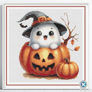 Süßes Geist Kreuzstichmuster, Halloween Stickmuster, Hexen Stickmuster, Kürbis Stickmuster, gruselige PDF Kreuzstichvorlage