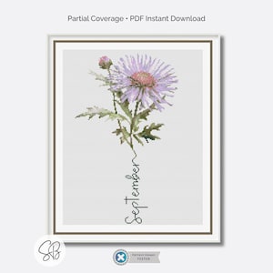 9月の誕生月の花のクロスステッチパターン、アスターの花の刺繍、即時ダウンロード、フロス変換