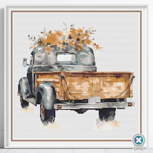 Vintage Truck Cross Stitch Pattern, Floral Country Truck Farmhouse Embroidery Decor, Yellow Flowers Rustic Needlework, Cottagecore Stitching