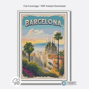 May include: A framed print featuring a colorful illustration of Barcelona, Spain. The artwork showcases the city's architecture, including the Sagrada Familia, palm trees, and the text "BARCELONA". The print is set against a light background.