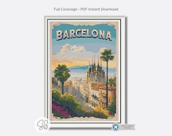 Poster di viaggio di Barcellona, Spagna, schema per punto croce, ricamo spagnolo ispirato al retrò vintage, conversioni di filo interdentale