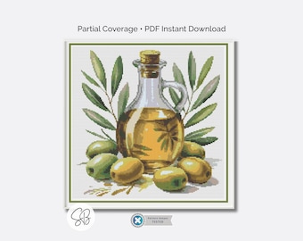 Schema per punto croce a tema olio d'oliva in stile natura morta - Decorazione per cucina mediterranea, punto croce per gli amanti dell'arte domestica
