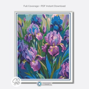 Oil Painting Irises Cross Stitch Pattern, Large Print Floral Botanical PDF, Floss Conversions