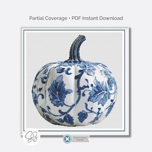 Delft Pumpkin Cross Stitch Pattern, Blue & White Thanksgiving PDF Embroidery, Instant Download, Floss Conversions