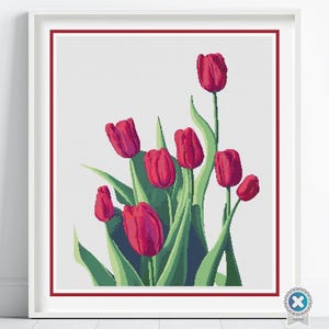 Patrón de punto de cruz de tulipanes, bordado floral botánico, punto de cruz de flor de tulipán rojo moderno hecho a mano, decoración floral minimalista contemporánea