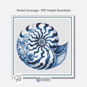 Modèle de point de croix de coquillage de Delft, coquillage inspiré de poterie bleue et blanche vintage, PDF, conversions de fil dentaire