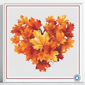 Herbstliches Kreuzstichmuster PDF Muster, Herbst Ahornblätter Herz Kreuzstichmuster Blumen PDF Muster, Instant Download