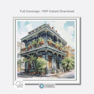 New Orleans House Cross Stitch Pattern, Historic Southern French Quarter Architecture Embroidery, Floss Conversions