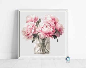 Peonies in a Vase Cross Stitch Pattern, Large Pink Botanical Flowers, PDF Download, Floss Conversions