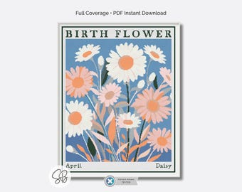 April Birth Month Flower Cross Stitch Pattern, Daisies Modern Florals, Instant Download,  Floss Conversions