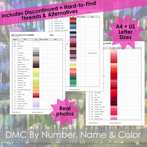 May include: A printable DMC embroidery floss colour chart with real photos of the floss. The chart includes discontinued and hard-to-find colours. The chart is available in A4 and US Letter sizes.