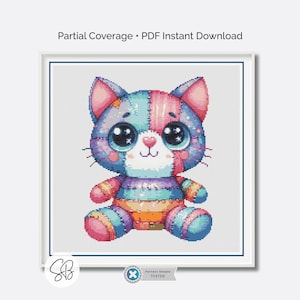 Patchwork Kitten Cross Stitch Pattern, Nursery Art Patchwork Stuffed Pets, Instant Download, Floss Conversions
