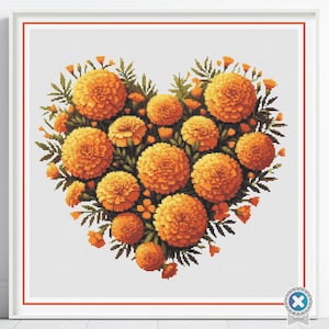 Goudsbloem hart geteld kruissteek pdf-patroon, oktober bloem geboortemaand hart kruissteekpatroon, bloemenpatroon, instant download