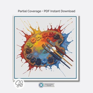 May include: A colorful artist's palette with paint splatters in red, orange, and blue. The palette holds various colors of paint and several paintbrushes. The image also includes the text "Partial Coverage • PDF Instant Download."