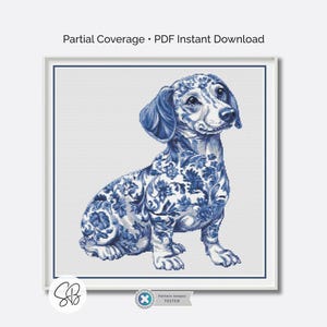 Padrão de ponto cruz de Dachshund azul de Delft, desenho de bordado de cachorro salsicha de cerâmica, conversões de linhas